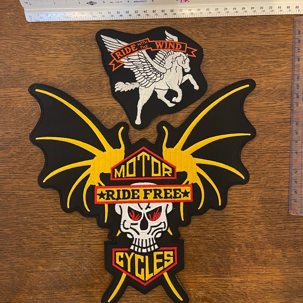 COPY - 2 Biker Patch 9” MotorCycle Ride Free Bat Skull 5” Ride The Wind Pegasus…